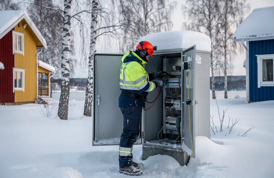 Sähköasentaja työskentelee sähkökeskuksen ääressä talvisella työmaalla