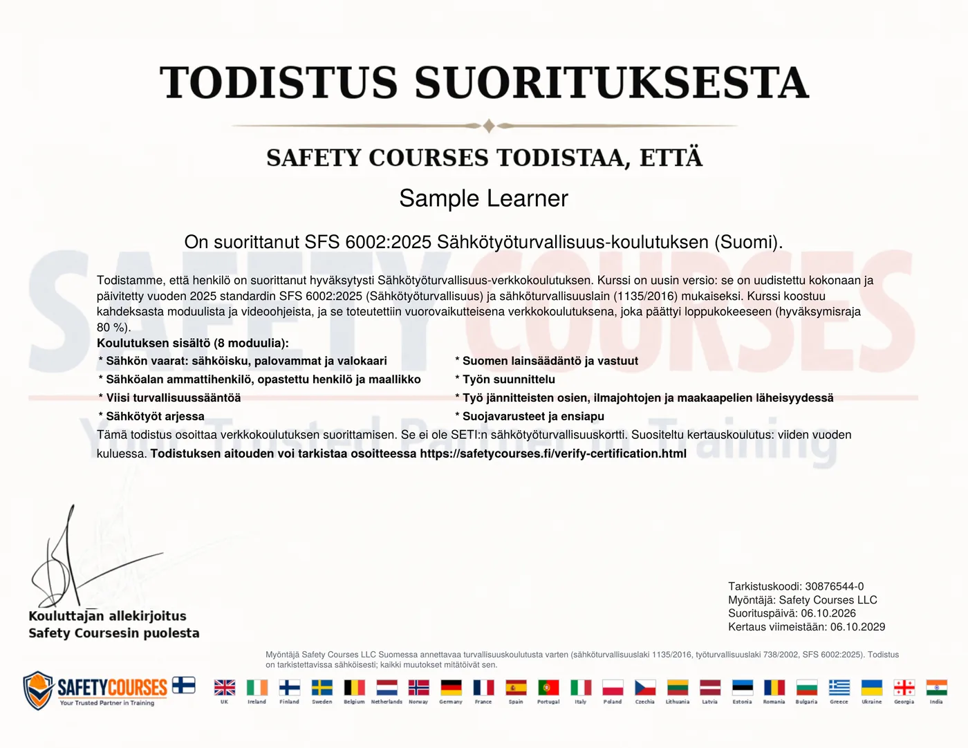Exemplu de certificat emis la finalizare, cu numele titularului, denumirea cursului, conținutul cursului, codul de verificare, rândul instructorului și datele de început și de sfârșit.