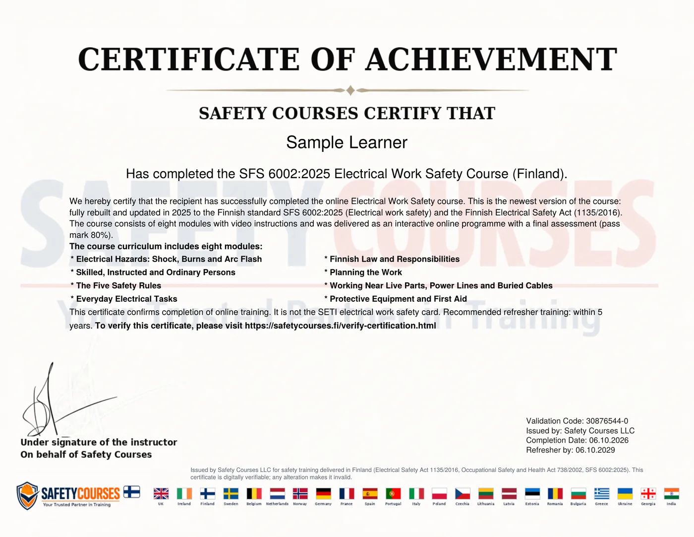 Sample Certificate of Achievement issued on completion, showing the recipient name, the course title, the course curriculum, a validation code, the instructor line and the starting and expiry dates.