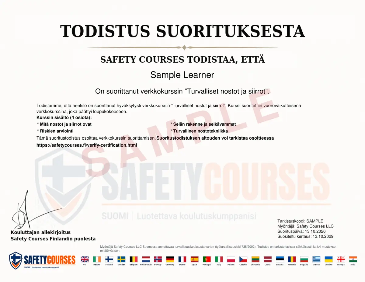 Esimerkki taakkojen käsittelyn suoritustodistuksesta, jossa näkyvät vastaanottajan nimi, kurssin nimi, kurssin sisältö, vahvistuskoodi, ohjaajan rivi, suorituspäivä sekä ohjaajan allekirjoitus.